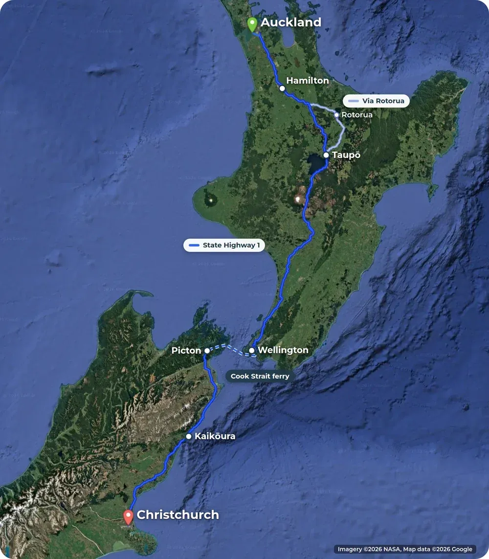 Satellite map of central New Zealand. State Highway 1 runs from Auckland to Wellington in dark blue past Hamilton and Taupō. A dashed line marks the Cook Strait ferry to Picton, then State Highway 1 follows the coast past Kaikōura to Christchurch. A lighter line shows the way via Rotorua.