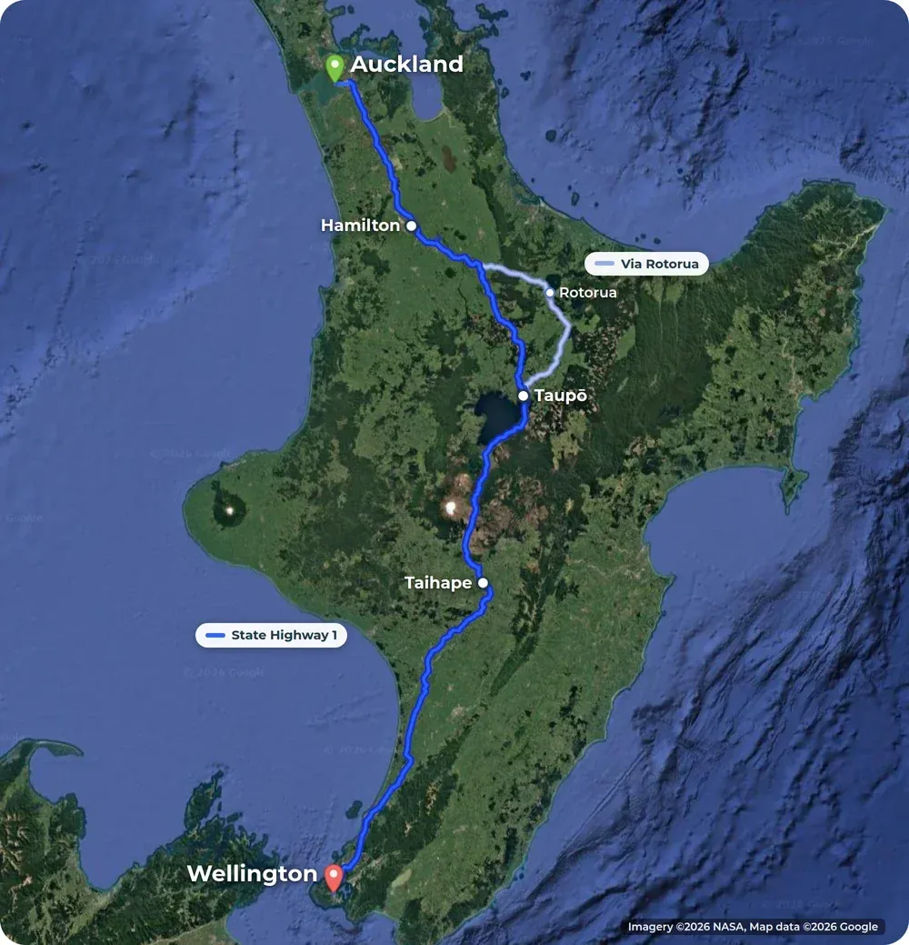 Satellite map of New Zealand's North Island. State Highway 1 runs from Auckland to Wellington in dark blue past Hamilton, Taupō and Taihape. A lighter line shows the way via Rotorua, which rejoins State Highway 1 at Taupō.