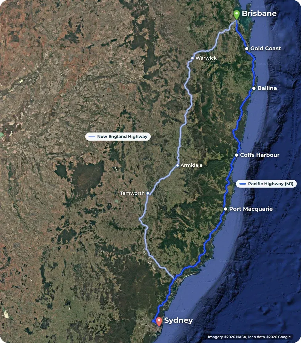 Satellite map of eastern Australia. The Pacific Highway runs from Brisbane to Sydney in dark blue past the Gold Coast, Ballina, Coffs Harbour and Port Macquarie. A lighter line shows the New England Highway through Warwick, Armidale and Tamworth.