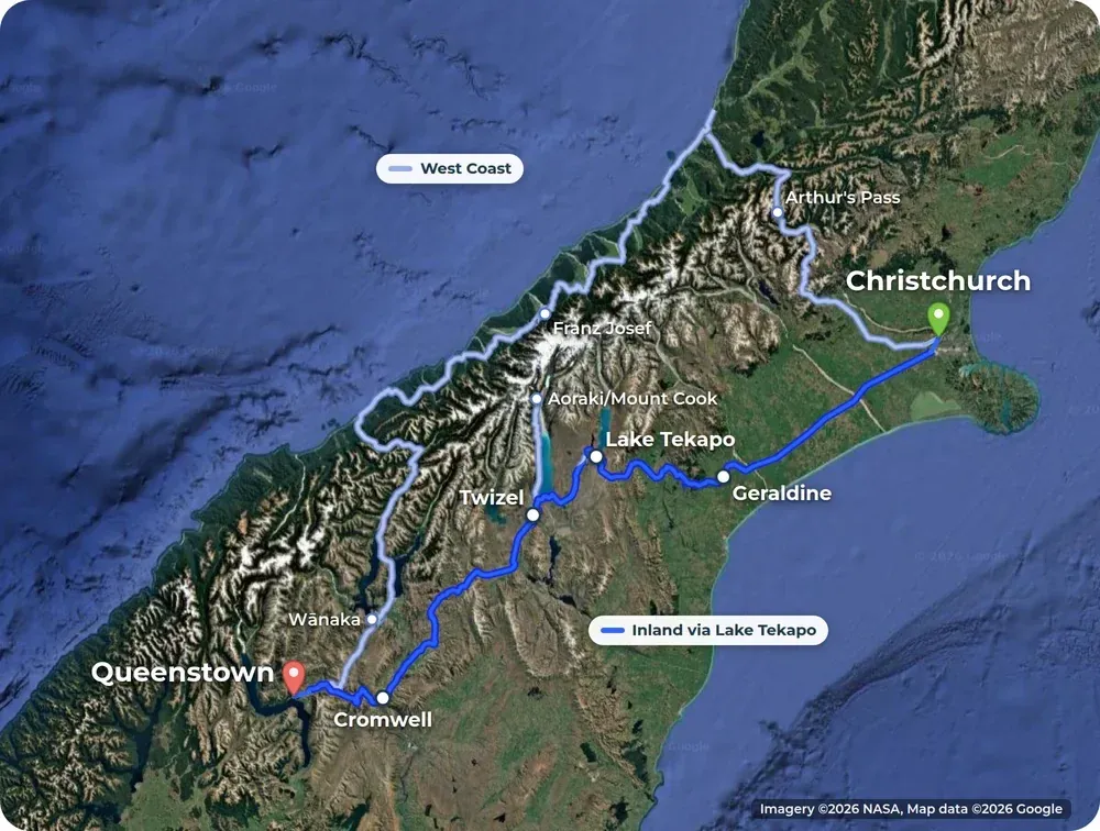 Satellite map of New Zealand's South Island. The inland road runs from Christchurch to Queenstown in dark blue past Geraldine, Lake Tekapo, Twizel and Cromwell. Lighter lines show the side road to Aoraki/Mount Cook and the West Coast route over Arthur's Pass and past Franz Josef and Wānaka.