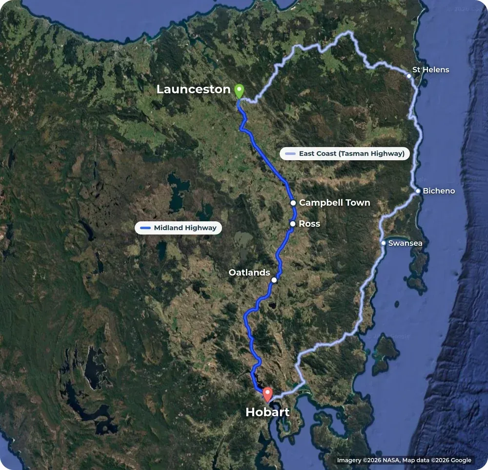 Satellite map of Tasmania. The Midland Highway runs from Launceston to Hobart in dark blue past Campbell Town, Ross and Oatlands. A lighter line shows the East Coast route through St Helens, Bicheno and Swansea.