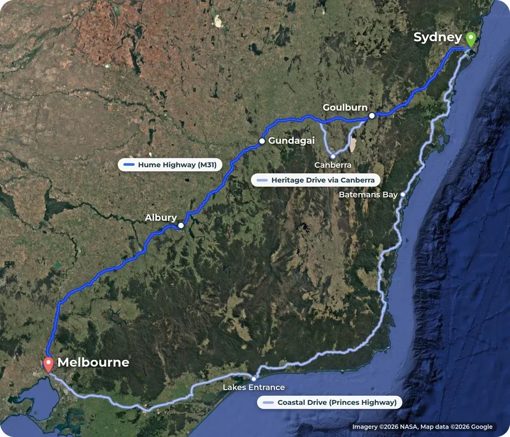Satellite map of south-east Australia. The Hume Highway runs from Sydney to Melbourne in dark blue past Goulburn, Gundagai and Albury. Lighter lines show the Heritage Drive via Canberra and the Coastal Drive through Batemans Bay and Lakes Entrance.