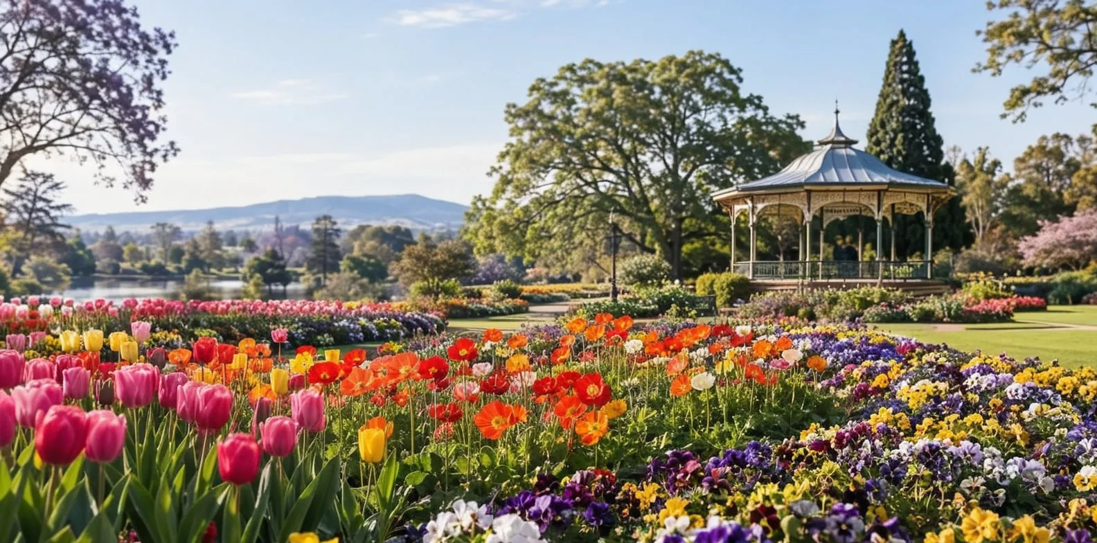 Sweeping spring flower beds in Queens Park, Toowoomba, with tulips, pansies and poppies and a heritage garden pavilion beyond.